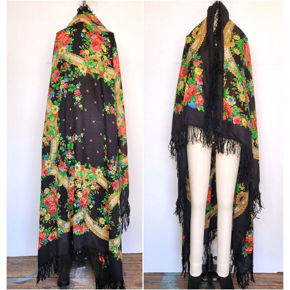 Vintage HUGE Wool Floral Shawl Stole Wrap - Oversized Big XL - Soft -Gothic Boho - Picture 1 of 6